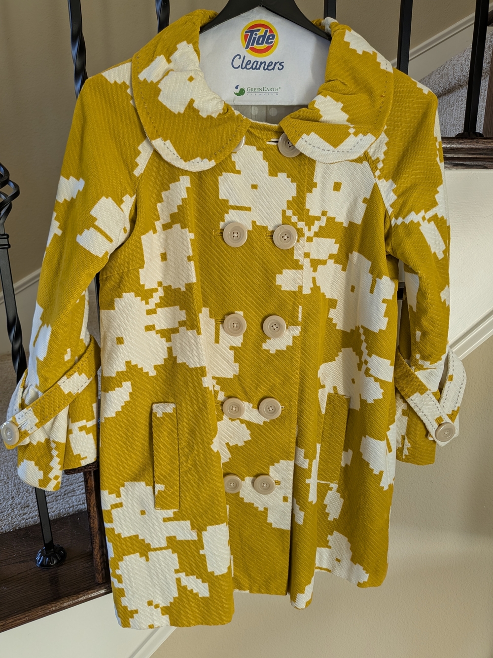 Anthropologie Mustard Yellow and White Patterned Double-Breasted Coat